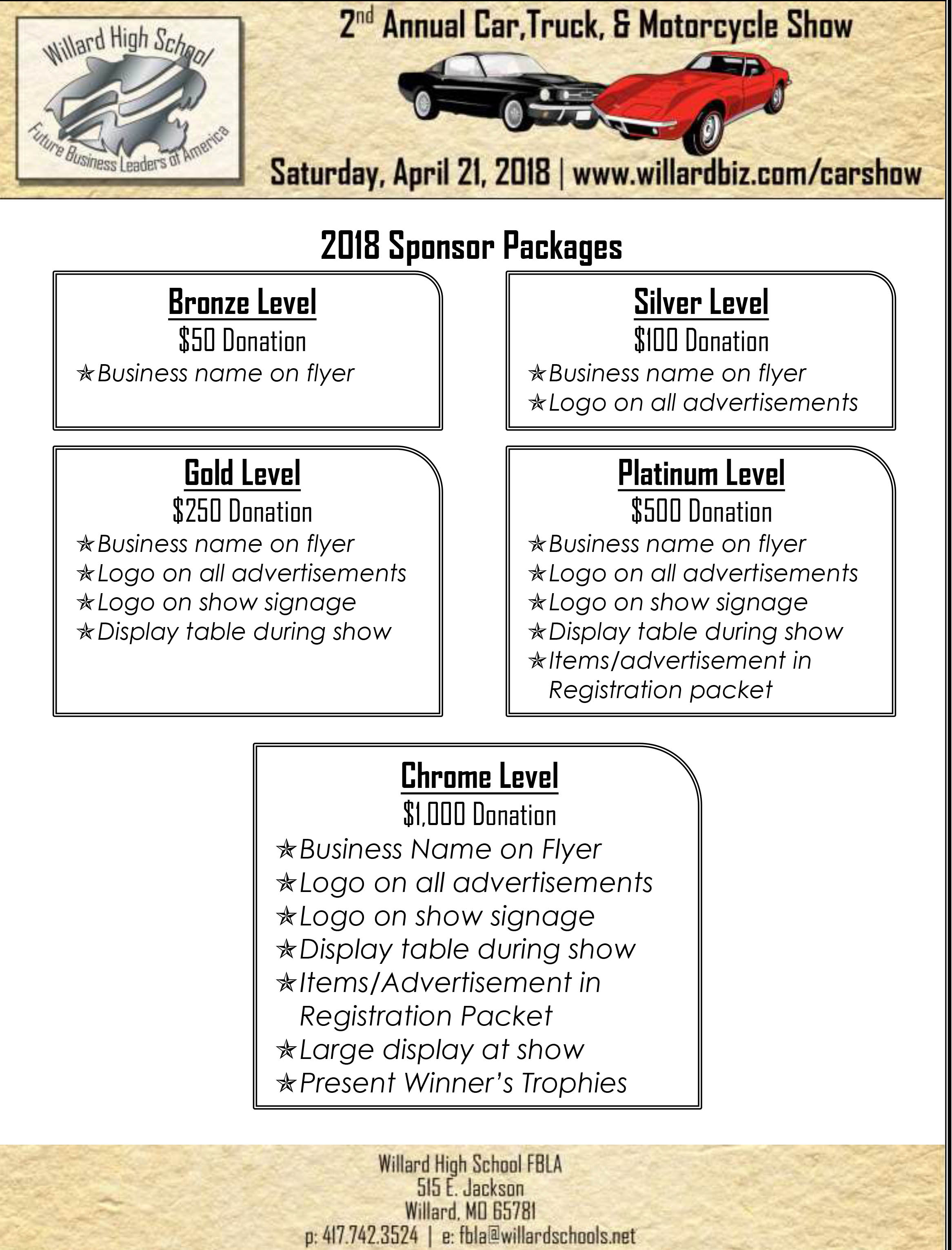 Willard FBLA 2nd Annual Car Show Sponsor Info.